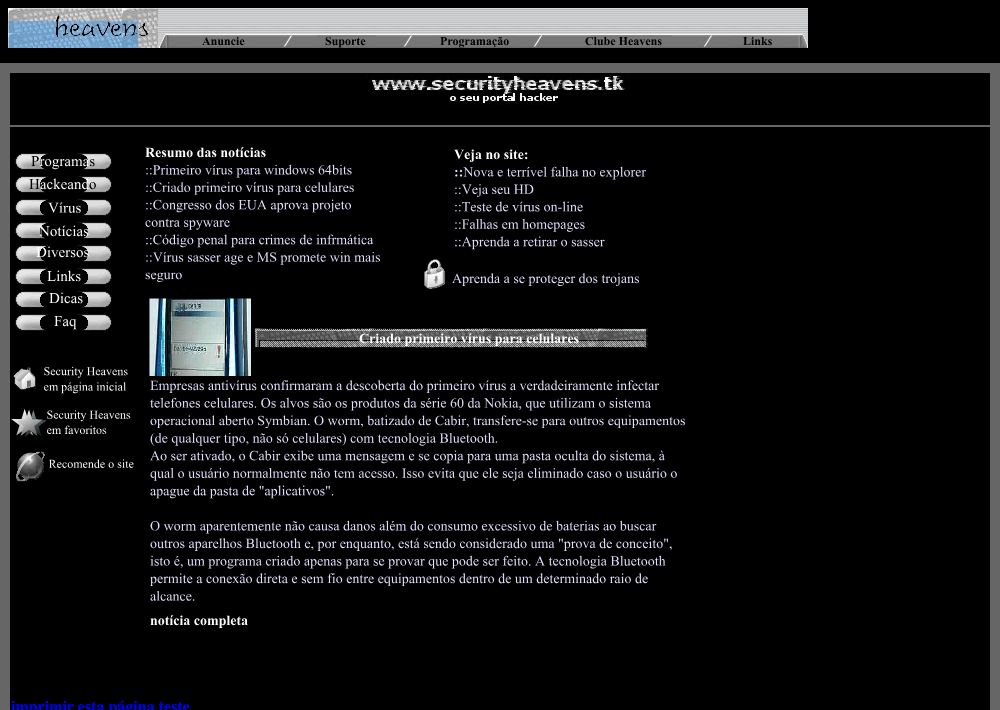 Security Heavens, a black-background hacker portal from 2004, with two Flash menus and virus news in Portuguese