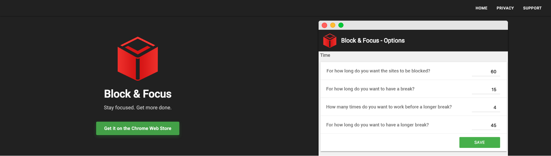 The Block & Focus site: a dark hero section with a red cube logo, the tagline 'Stay focused. Get more done.', a Chrome Web Store button, and a screenshot of the extension options
